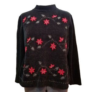 Alfred Dunner XL Christmas Sweater Black Poinsettias